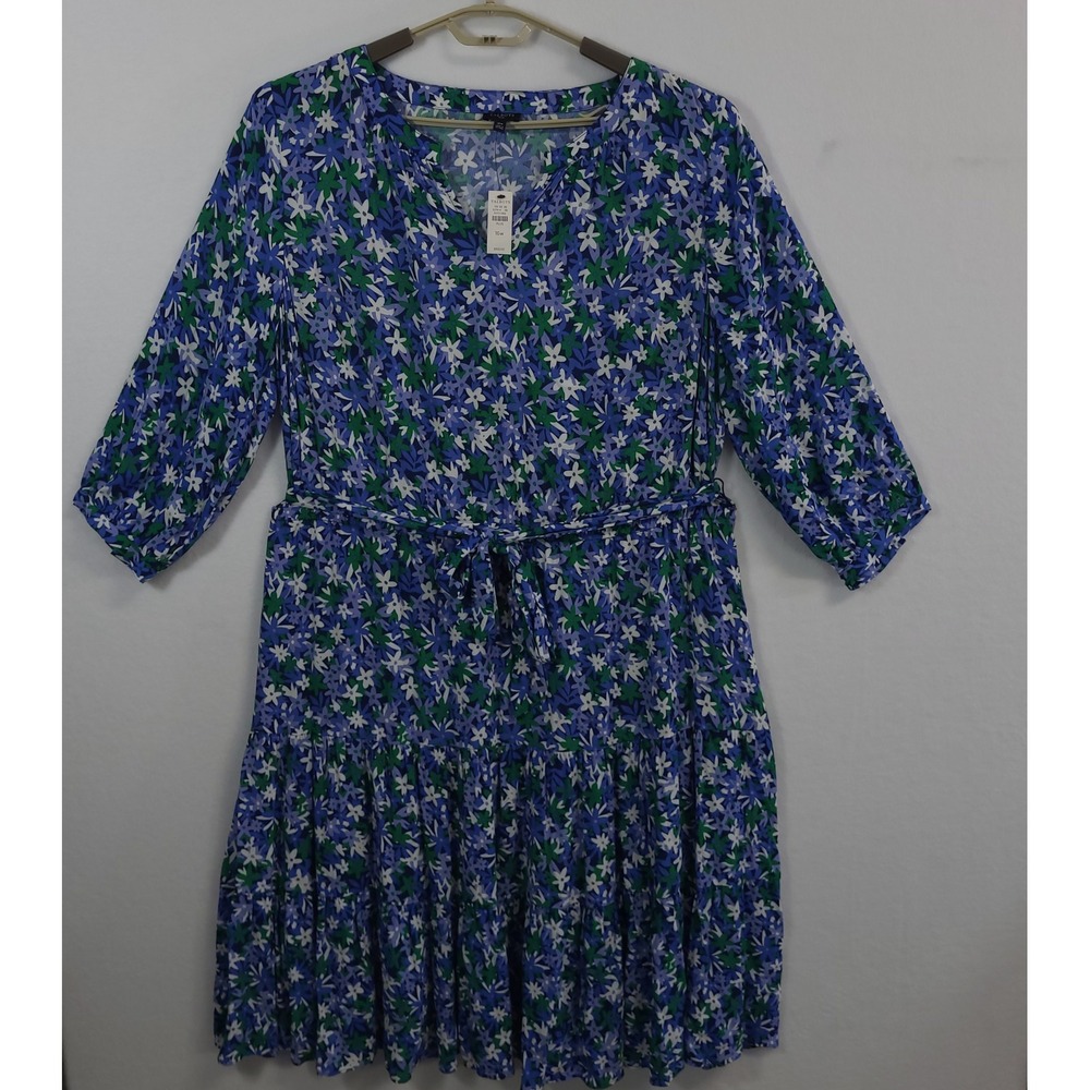 Talbots Floral Midi Dress Womens 16W Blue Green V-Neck Tiered Belted New